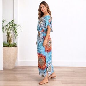 Verabendi Boho Mandala Maxi Dress Off Shoulder Blue Orange Size M